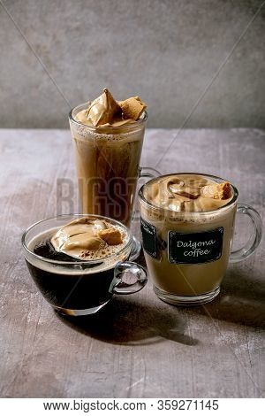 Dalgona Frothy Coffee Trend Korean Drink Latte Espresso With Coffee Foam In Three Different Glass Cu