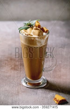 Dalgona Frothy Coffee Trend Korean Drink Latte Espresso With Coffee Foam In Tall Glass, Decorated By
