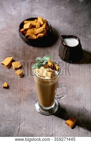 Dalgona Frothy Coffee Trend Korean Drink Latte Espresso With Coffee Foam In Tall Glass, Decorated By