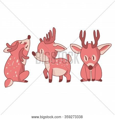 Pink Kawaii Deer Animal Vector Set Illustration. Pink Girly Doe With Flower Crown. Childish Hand Dra