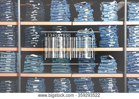 Barcode And Collection Of Stylish Jeans On Shelves In Wholesale Shop