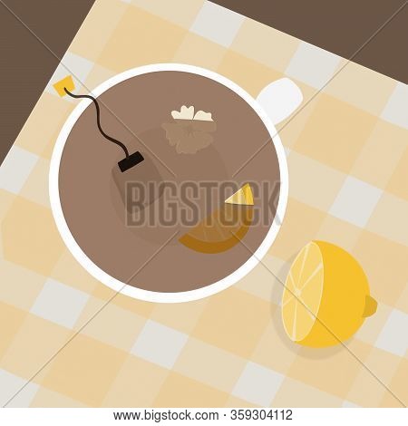 Black Herbal Tea With Lemon In A Cup Illustration. Chamomile Floral Healthy Drink For Morning Refres
