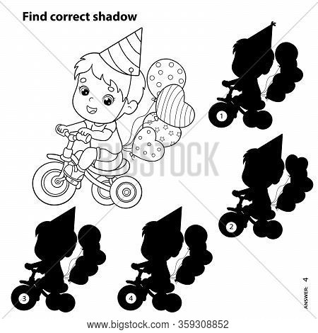 Puzzle Game for kids. Find correct shadow. Coloring Page Outline Of a cartoon boy riding a Bicycle or bike with a balloons. Birthday. Coloring book for children.