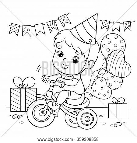 Coloring Page Outline Of a cartoon boy riding a Bicycle or bike with a balloons and with gifts at the holiday. Birthday.