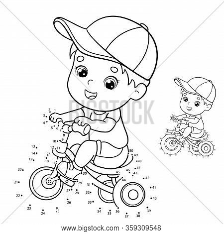 Puzzle Game For Kids: Numbers Game. Coloring Page Outline Of A Cartoon Boy Riding A Bicycle Or Bike.