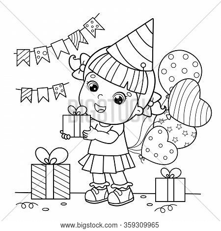 Coloring Page Outline Of A Cartoon Girl With A Balloons And With Gifts At The Holiday. Birthday. Col