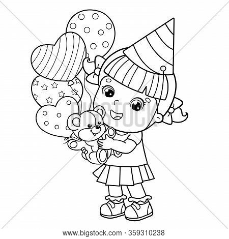 Coloring Page Outline Of a cartoon girl with a balloons and with with a teddy bear at the holiday. Birthday. Coloring book for kids