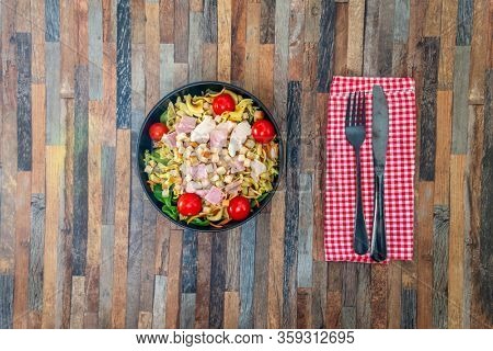cereal specialties cooked with salad, roasted chicken aiguillette cured with salted and bacon