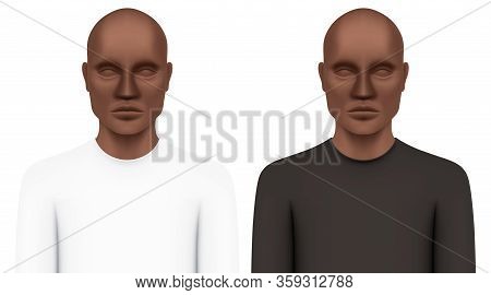 Black Men Model Dressed In A Slim-fit Long-sleeve Crewneck T-shirts. White And Black Shirt Vector Mo