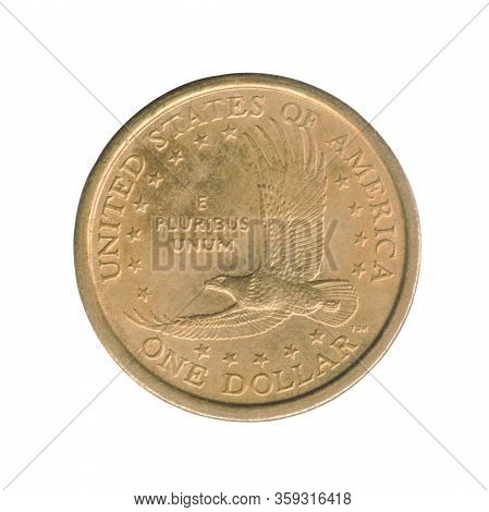 Sacagawea One Dollar Coin Of The United States Isolated On A White Background. Obverse