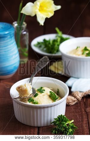 Dietary Souffle Of Minced Meat With Parsley On A Dark Background.