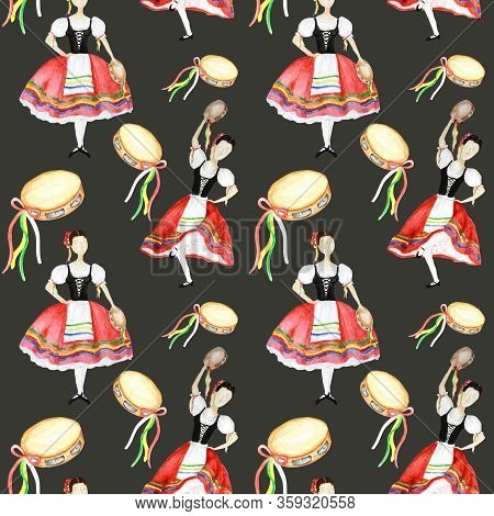 Seamless Pattern Dancers In National Costume An Italian Tarantella With A Tambourine On Dark Backgro