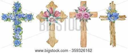 Watercolor Set Of Wooden And Floral Crosses Decorated With First Spring Flowers Isolated On The Whit