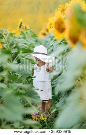 A Cute Little Smiling Girl In The Field Of Sunflowers. Child In Momy Hat. Childhood Concept. Sunny S