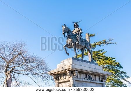 Date Masamune Monument Riding On A Horse Located In Ruin Of The Old Sendai Aoba Castle.