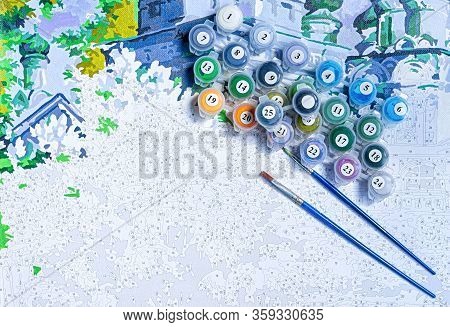 Painting By Numbers. Set To Paint The Picture, Includes A Canvas, Paints Of Different Colors, Brushe