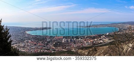 panoramic view of the Bay of the resort city of Gelendzhik from the top of the mountains and the cable car. Black sea coast. Spring 2020