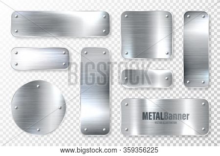 Realistic Shiny Metal Banners Set. Brushed Steel Plate. Polished Silver Metal Surface. Vector Illust