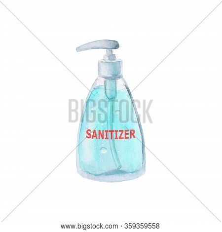 Watercolor Sanitizer Blue Gel For Hand Hygiene Isolated On White Background. Watercolour Hand Drawn 