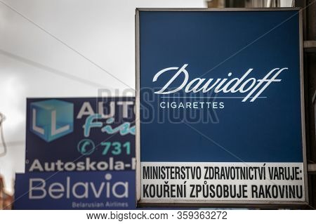 Prague, Czechia - November 1, 2019: Davidoff Cigarettes Logo In Front Of Their Retailer In Prague. D