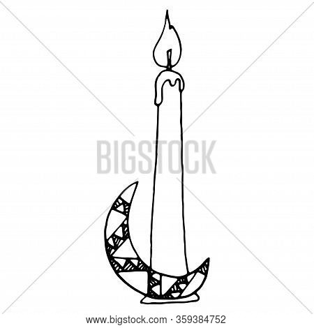 Candle For A Magic Ritual On A Support Of The Moon. Hand-drawn Vector Illustration Isolated On White