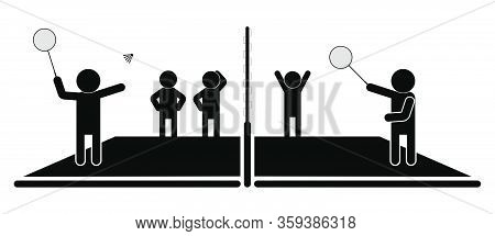 Badminton Game. The Scene On The Court, The Player Swung A Tennis Racket To Serve The Opponent, The 