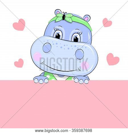 Cute Cartoon Smiling Hippo Is Peeking. Vector Illustration Of Animal With Hearts.