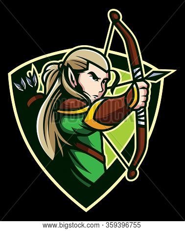 Cartoon Mascot Or Logo With Fantasy Forest Elven Archer.