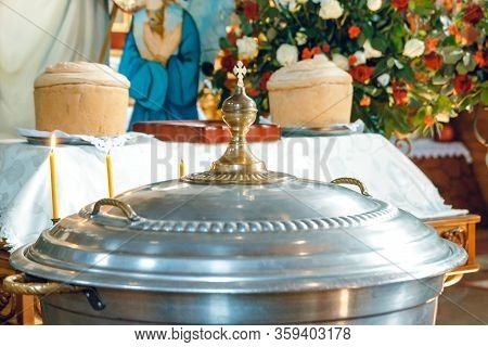 The Ceremony Of The Baptism. Orthodox Church. Church Supplies, Utensils.