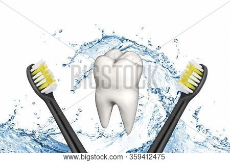 3d Illustration Of A Tooth With A Toothbrush.