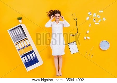 Top Above High Angle View Full Length Photo Of Qualified Woman Doc Flat Lay Pills Drugs Clipboard Sy