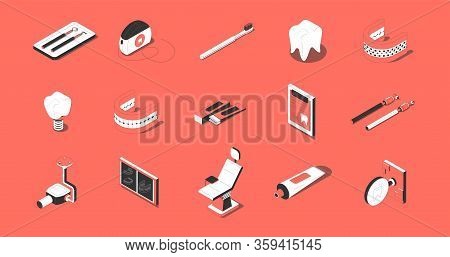 Dentistry Isometric Icons Set With Tooth Implant Prothesis Orthodontic Chair Tools X-ray Red Backgro
