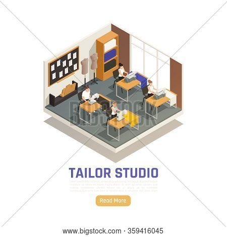 Fashion Atelier Studio Isometric Composition With Seamstress Dressmakers At Sewing And Locking Machi