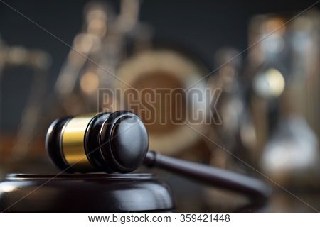 Lawyers Office Concept. Law Symbols Composition - Gavel, Scale And Themis Statue.