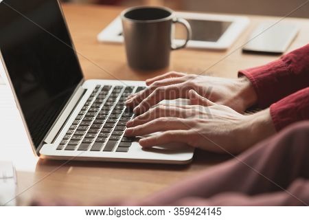 Caucasian Entrepreneur, Businessman, Manager Working In Office, Close Up. Typing Text, Writing Repor