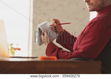 Caucasian Entrepreneur, Businessman, Manager Working In Office, Close Up. Making Notes, Writing Repo