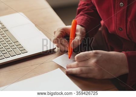 Caucasian Entrepreneur, Businessman, Manager Working In Office, Close Up. Making Notes, Writing Repo