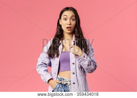 Portrait Of Surprised Cute Girl Look Amazed, Didnt Expact Win Or Being Chosen, Open Mouth Look Astou