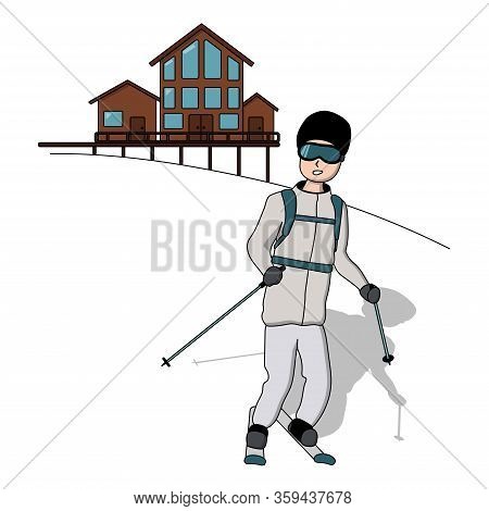 A Skier Skiing In The Mountain. Ski Resort. White Background Isolated Stock Vector Illustration