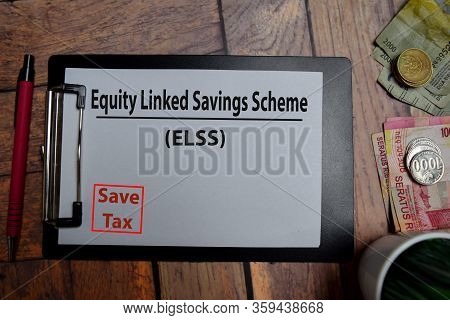 Aquity Linked Savings Scheme Write On A Paperwork Isolated On Wooden Table.