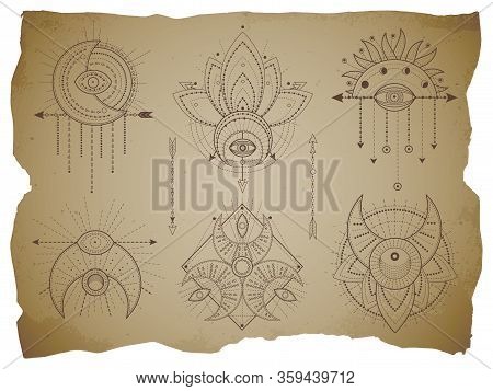 Vector Set Of Sacred Geometric Symbols And Half Moon On Old Paper Background With Torn Edges. Abstra