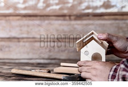 Wfh: Carpenter Working From Home. Stay Home Stay Safe Woodwork Concept. Social Distancing And Physic