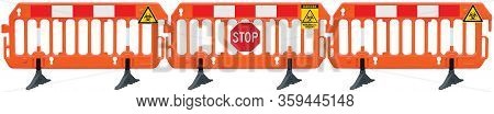 Containment cordon lockdown barricade panorama, obstacle detour road barrier fence, yellow biological hazard danger warning and red white stop road sign, panoramic isolated closeup, traffic biohaz safety railing signal signage, COVID-19 concept, large det