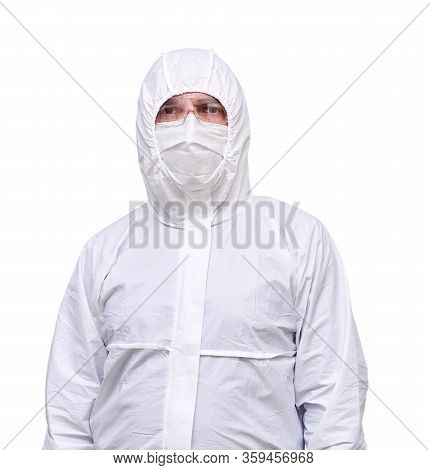 Male Epidemiologist In Coverall Disposable Anti-epidemic Antibacterial Isolation Suit Isolated On Wh