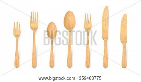 Realistic Wooden Cutlery. Biodegradable Bamboo Table Forks, Spoons And Knifes Made Of Natural Reusab