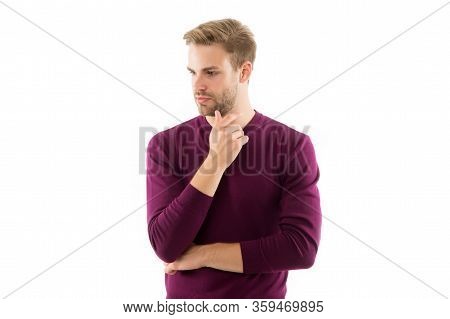 His Style Is Emulated By Many. Looking Trendy. Facial Care. Handsome Man Isolated On White. Unshaven