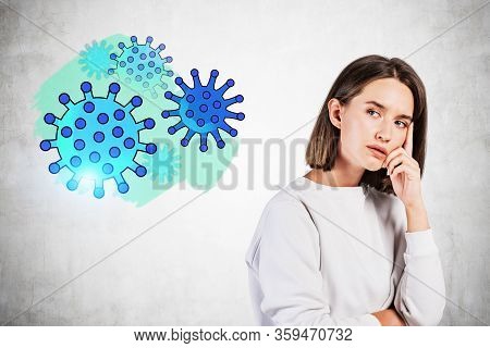 Portrait Of Sad Young European Woman In Casual Clothes Thinking About Coronavirus Covid 19 2019 Ncov