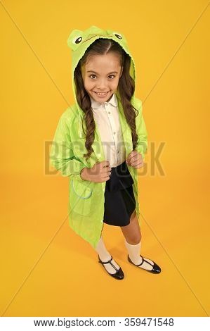 Cute Raincoat Kids Would Love. Frog Style. Schoolgirl Hooded Raincoat Enjoy Fall Weather. Rainproof 