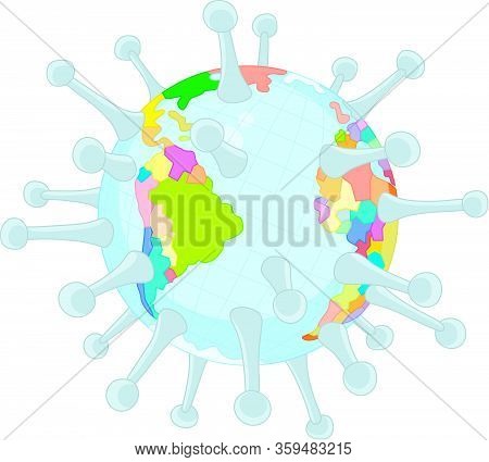 Global Virus Pandemic Disease All Over The Planet, Vector Cartoon Illustration On A White Background
