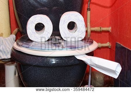 Rhoda In The Toilet Made From Rolls Of Toilet Paper On A Closed Toilet Bowl. Joke, Sitting At Home